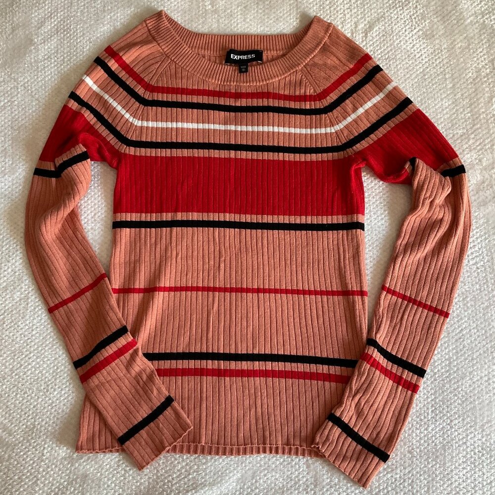 Express Fitted & Ribbed Striped Sweater in Pink, Red, Black & White Size M